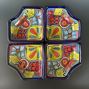 Mexican Talavera Set of 4 Hand-Painted Floral Ceramic Corner Bowls Dishes